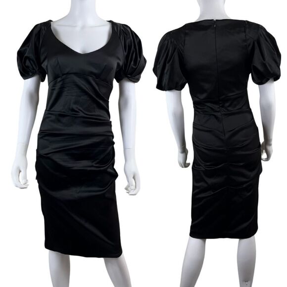 Cache Womens Size 10 Black Satin Ruched Puff Sleeve Midi Bodycon Dress Vintage - Picture 1 of 13